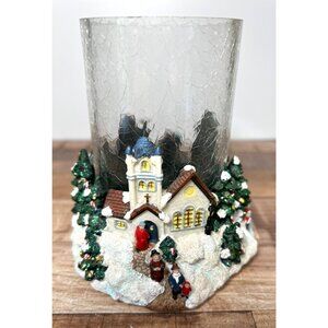 Christmas Winter Village Scene Candle Holder Glass Crackle Finish Decor